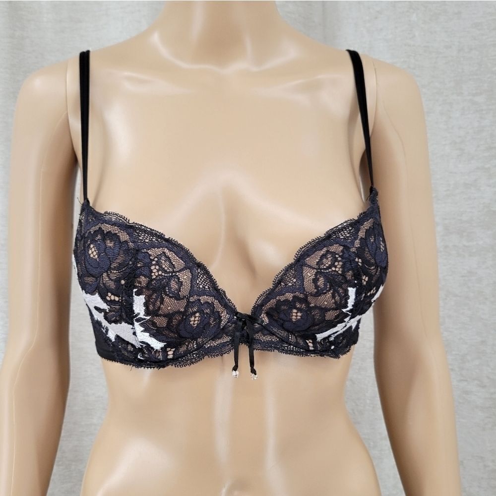 Victoria's  Secret Push-Up Bra 32B Black Lace with  Brown  and Silver